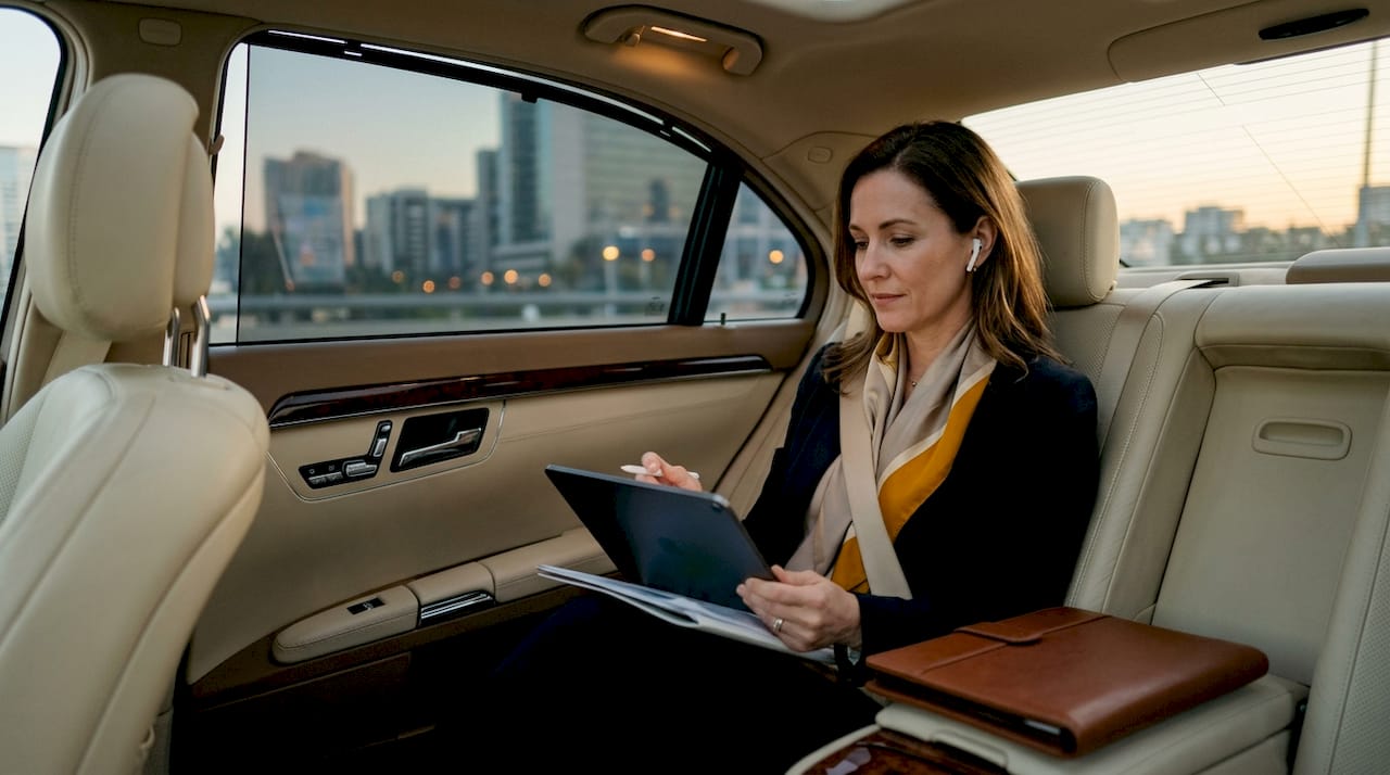 Woman enjoying quiet sedan ride with documents