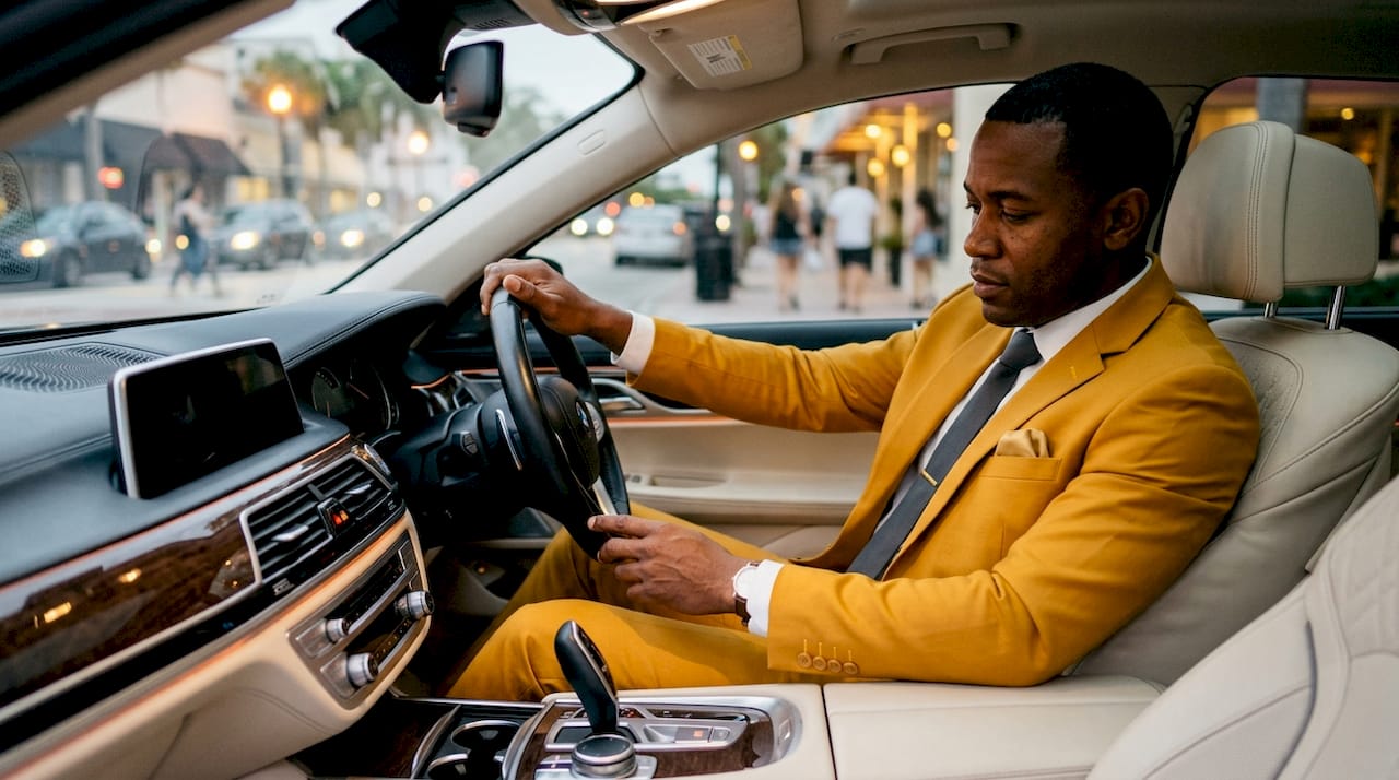 Professional chauffeur inside luxury car adjusting mirror
