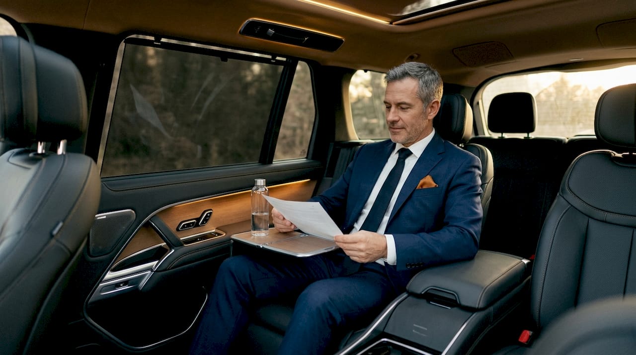 Luxurious SUV interior with passenger reading document