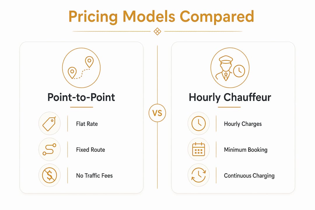 Infographic comparing point-to-point and hourly chauffeur pricing