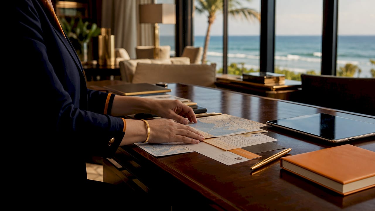 Close-up of concierge hands arranging travel documents