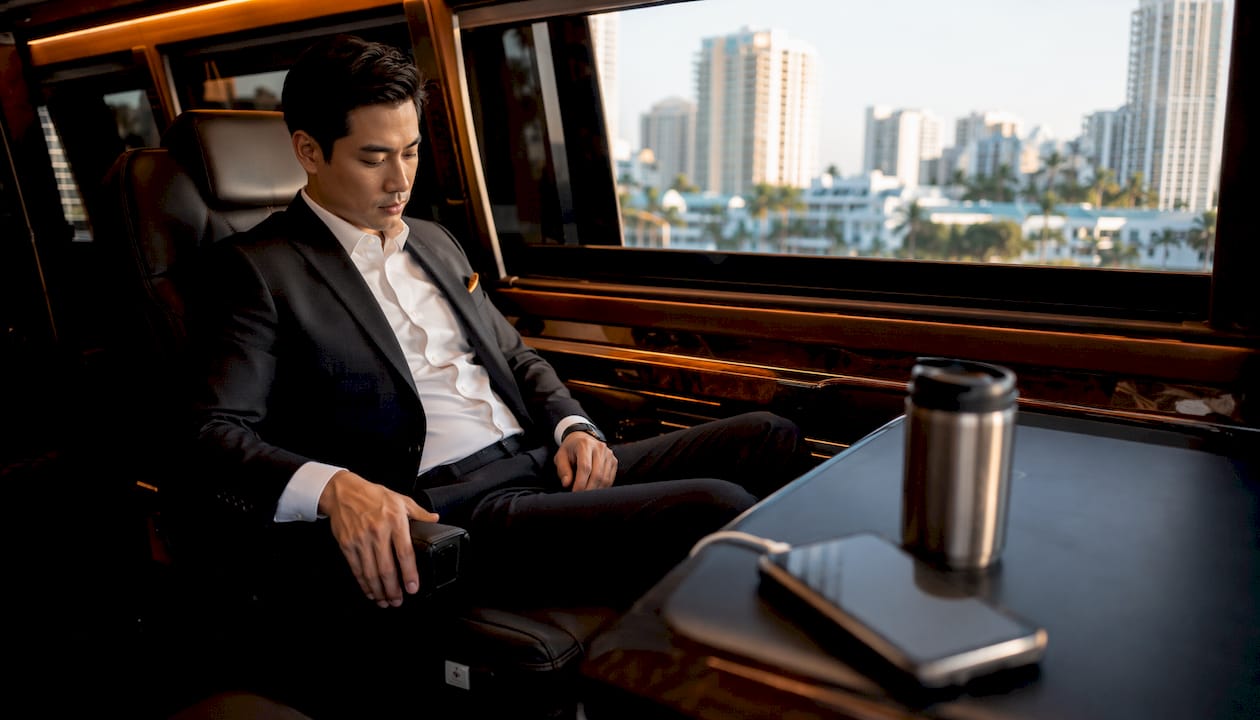 Passenger reclining in luxury van seat with modern features