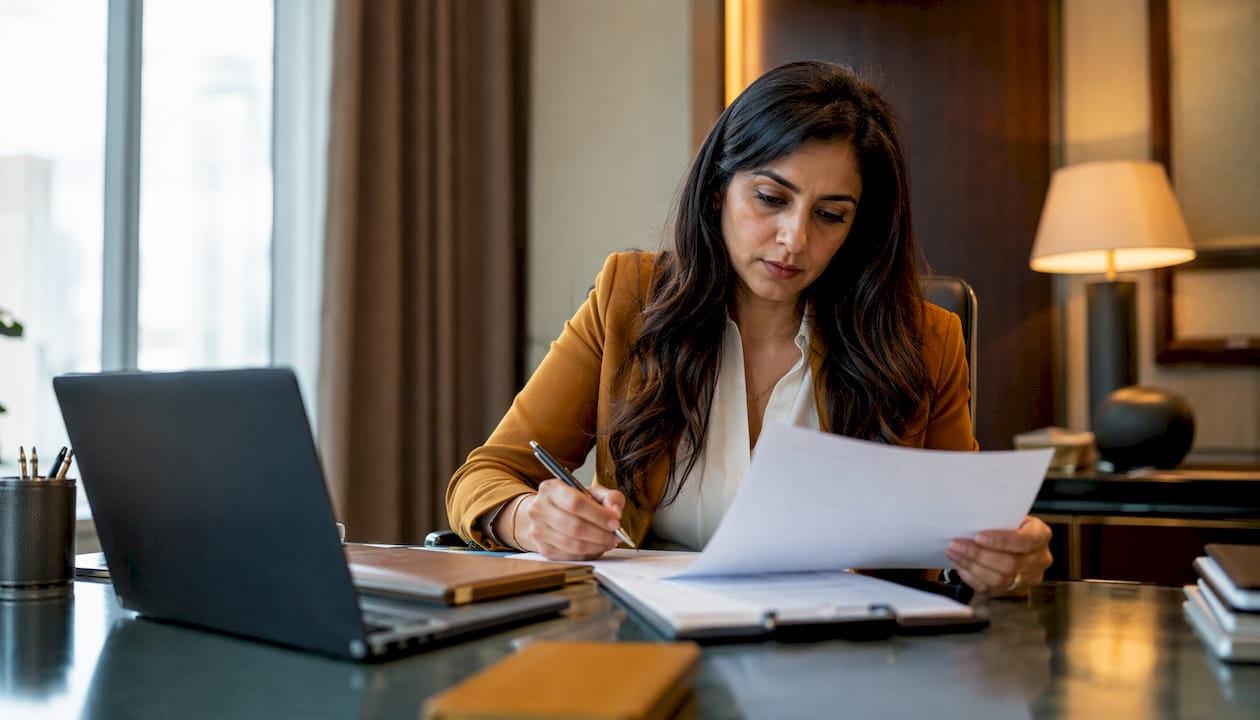 Woman reviewing background check documents at dispatch desk