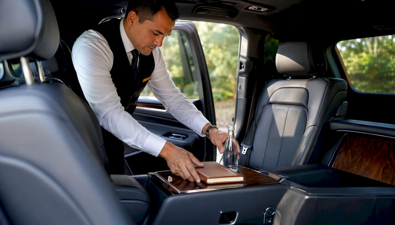 Chauffeur arranging items in SUV interior