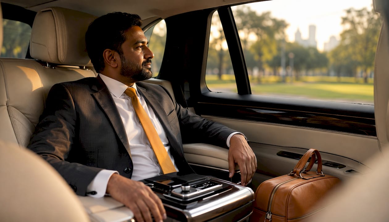 Businessman seated inside luxury SUV car
