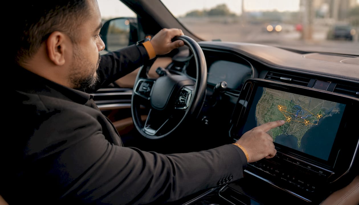 Driver setting route on navigation in car