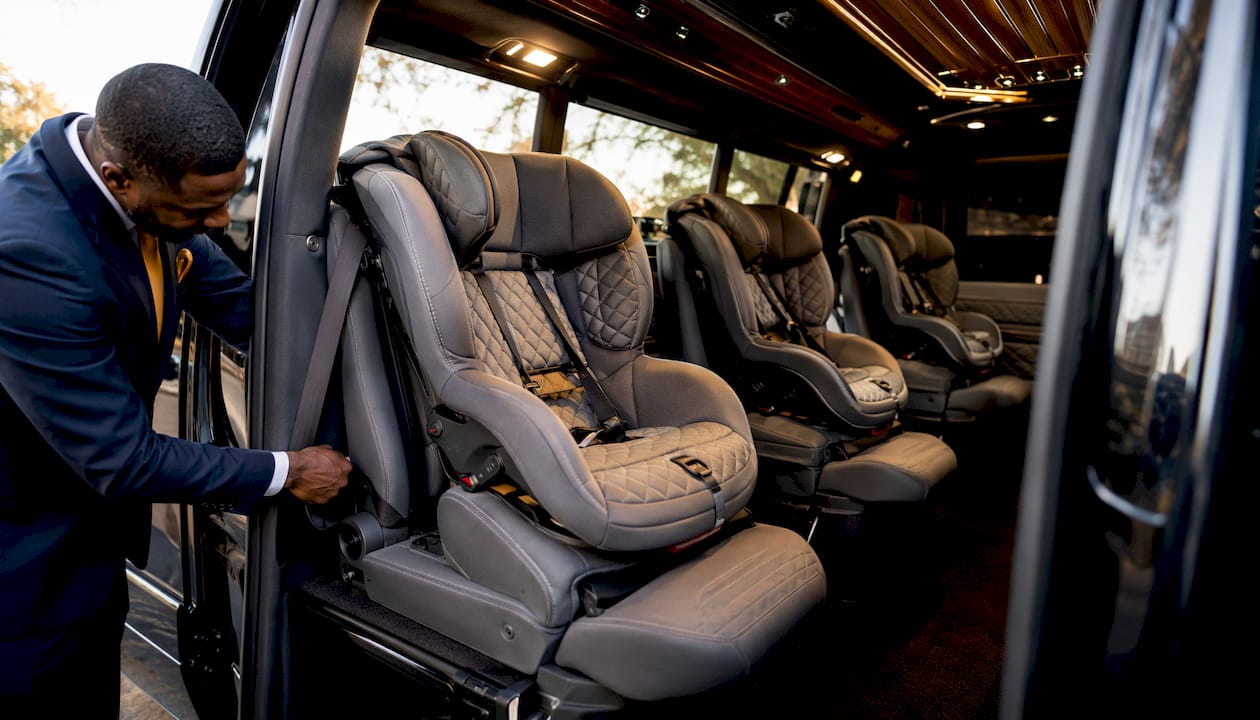 Child safe limo interior with installed car seats