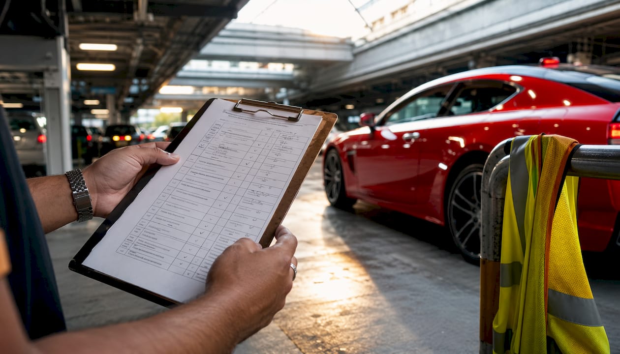 Close-up of hands holding vehicle safety checklist