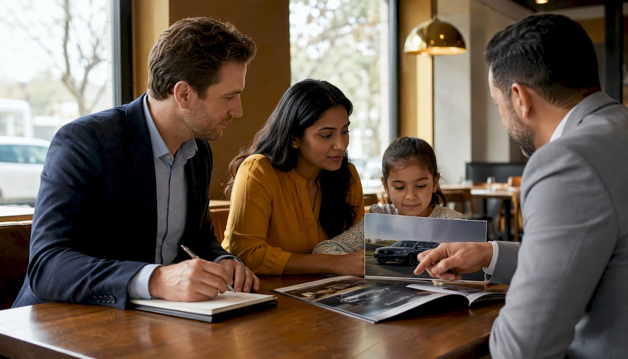 Family discussing car service options with consultant