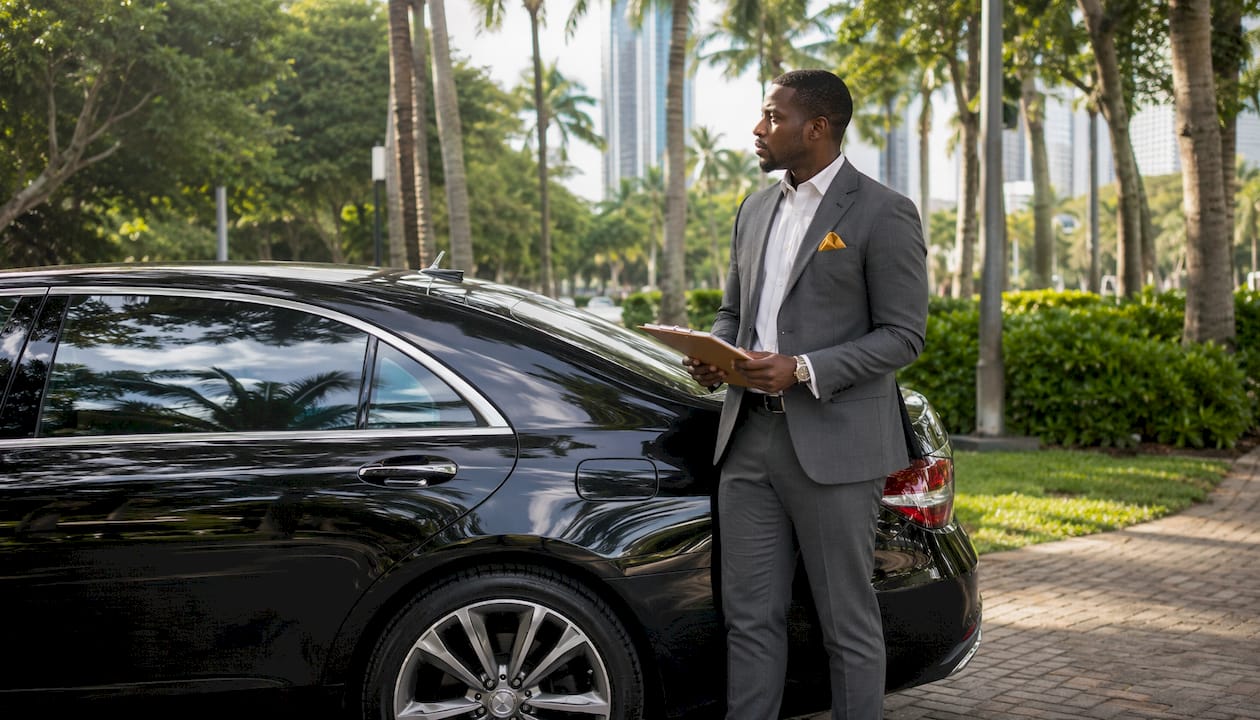 Professional driver with black car in Miami