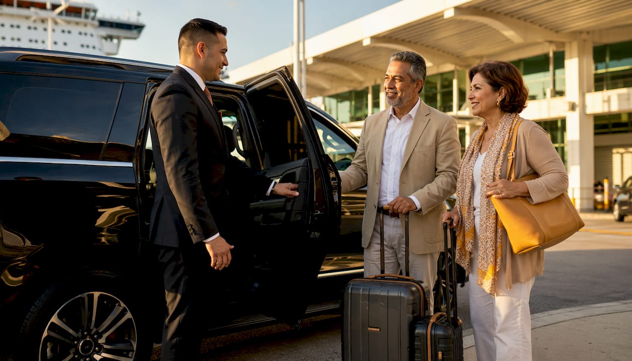 Chauffeur opening car door at cruise terminal