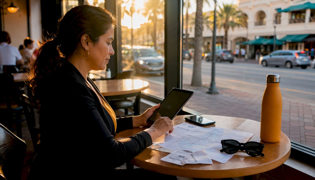Travel manager reviewing corporate flat-rate itineraries