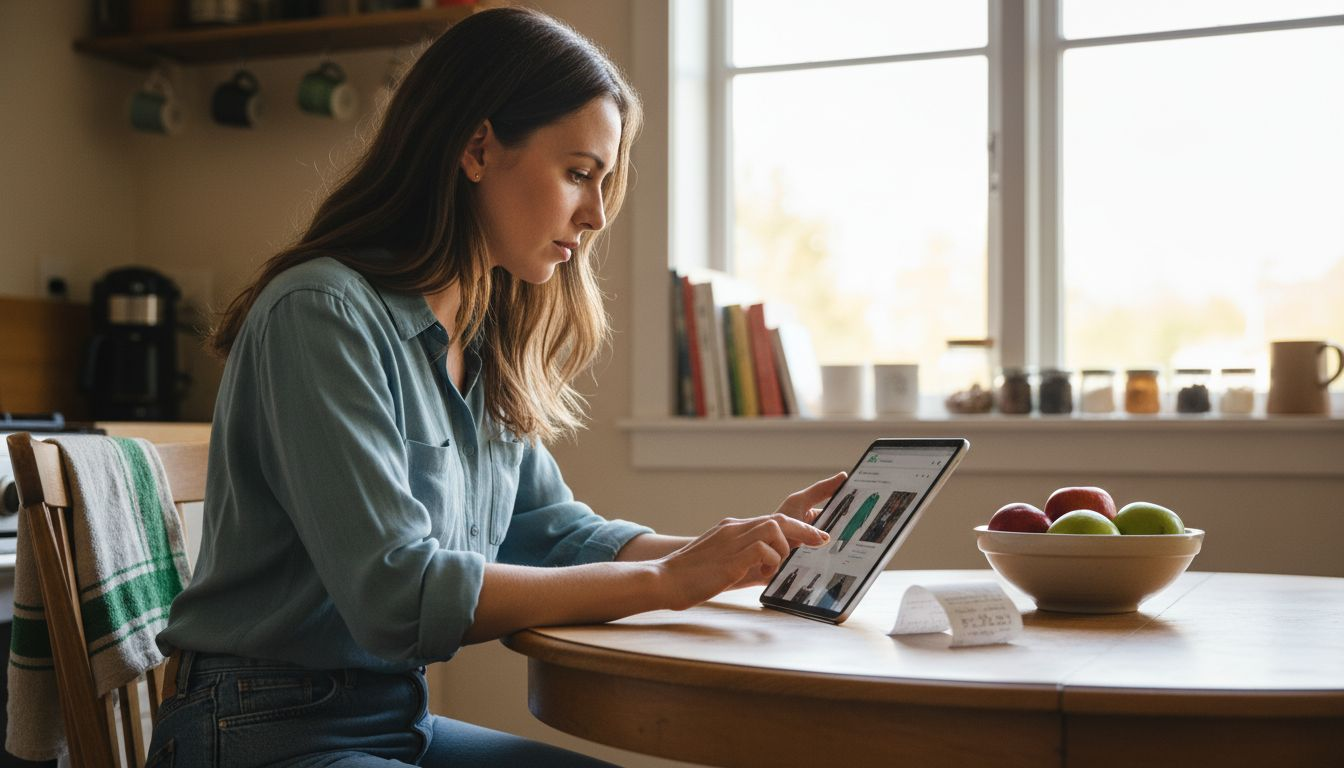 Woman testing website at kitchen table