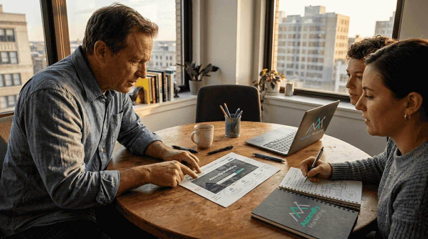 Team reviewing small business branding materials