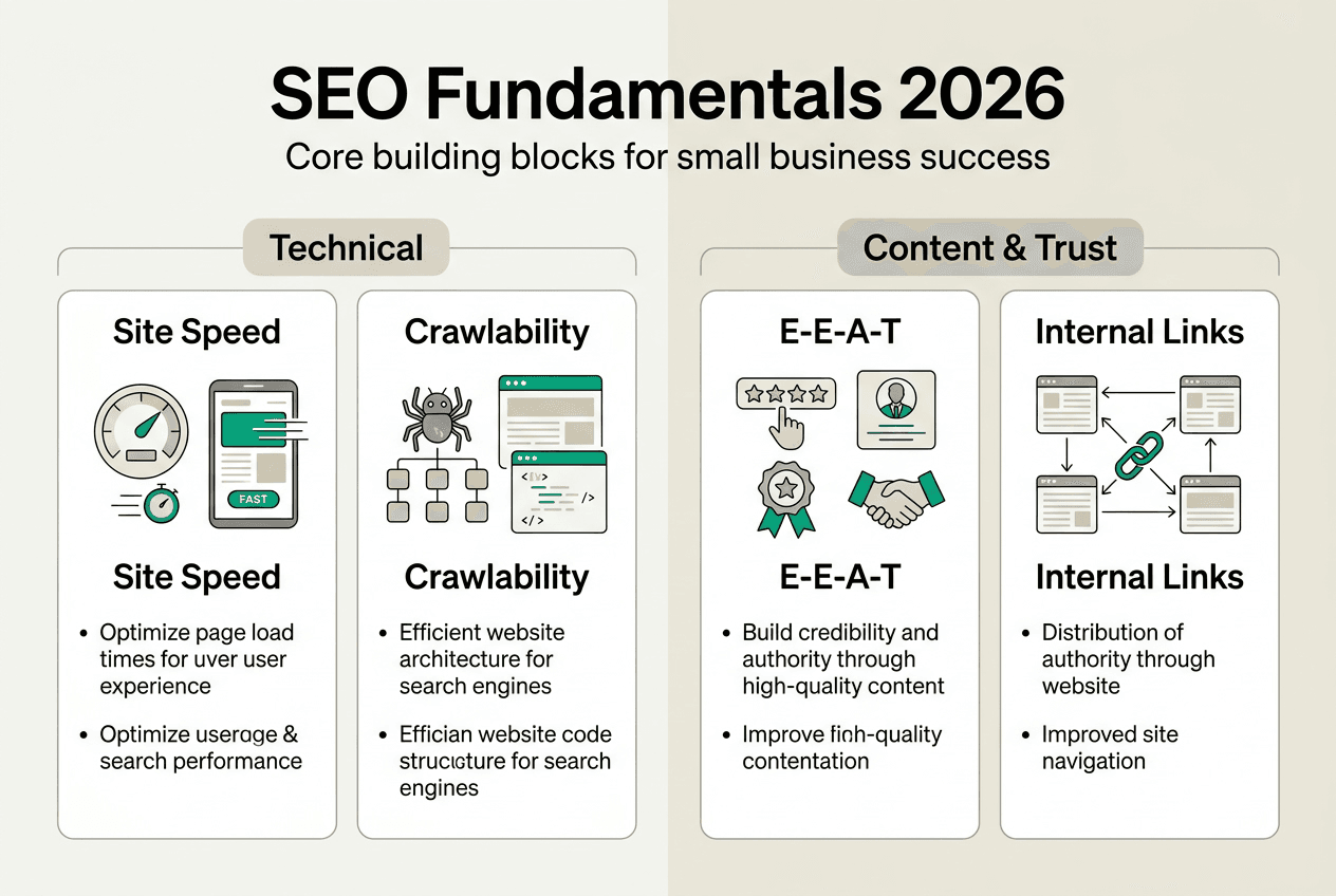 Infographic showing seo fundamentals split into categories