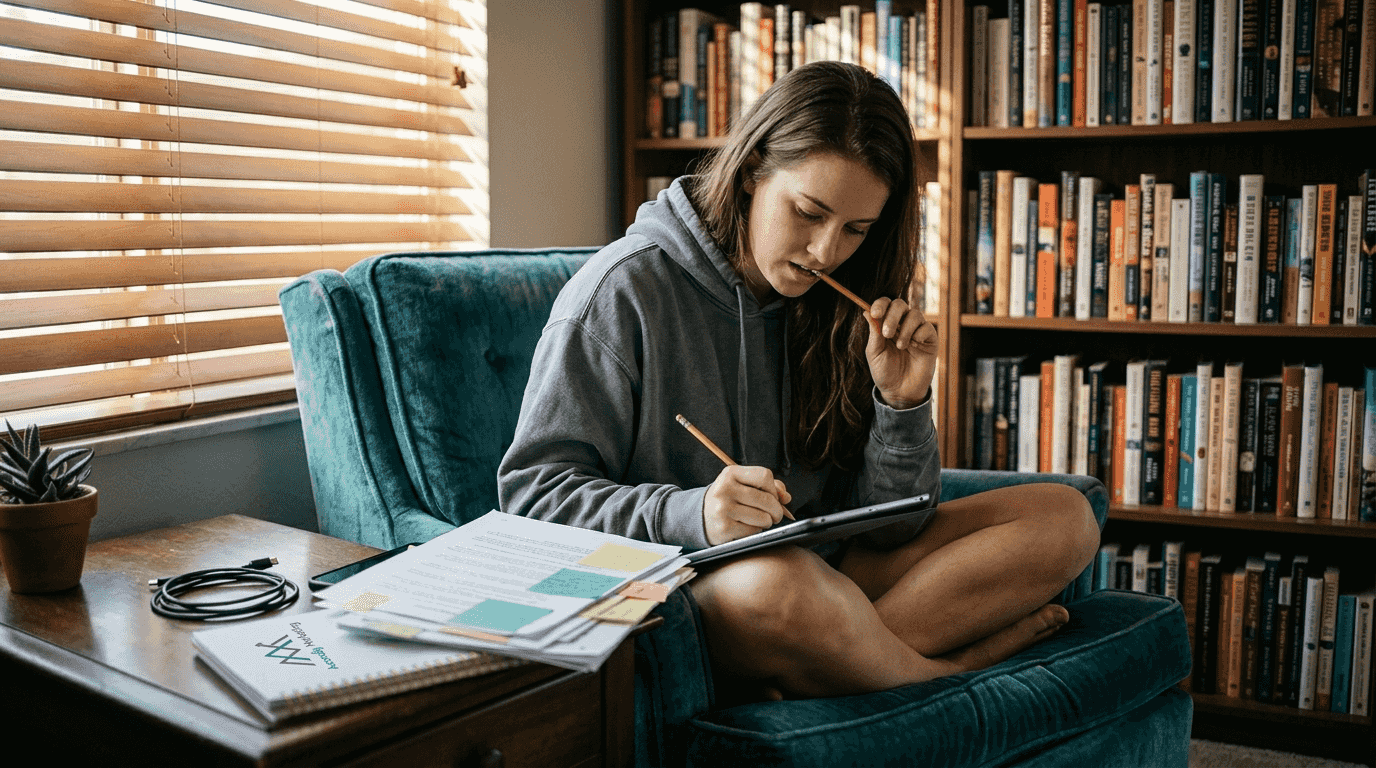 Content manager drafting blog post in home workspace