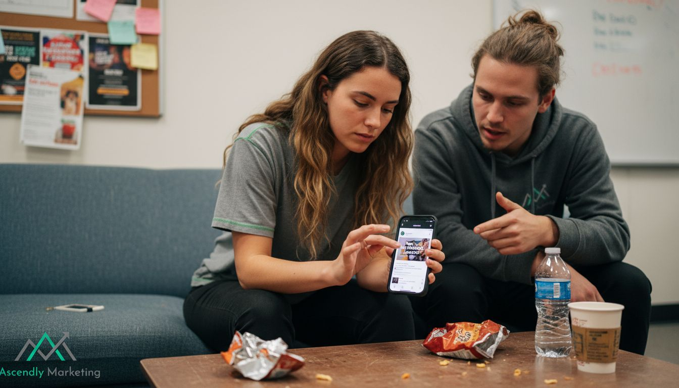 Team creating social media story in breakroom