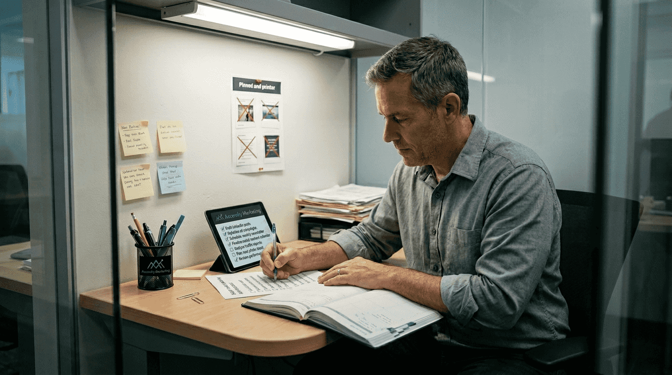Marketer checking printed social media checklist