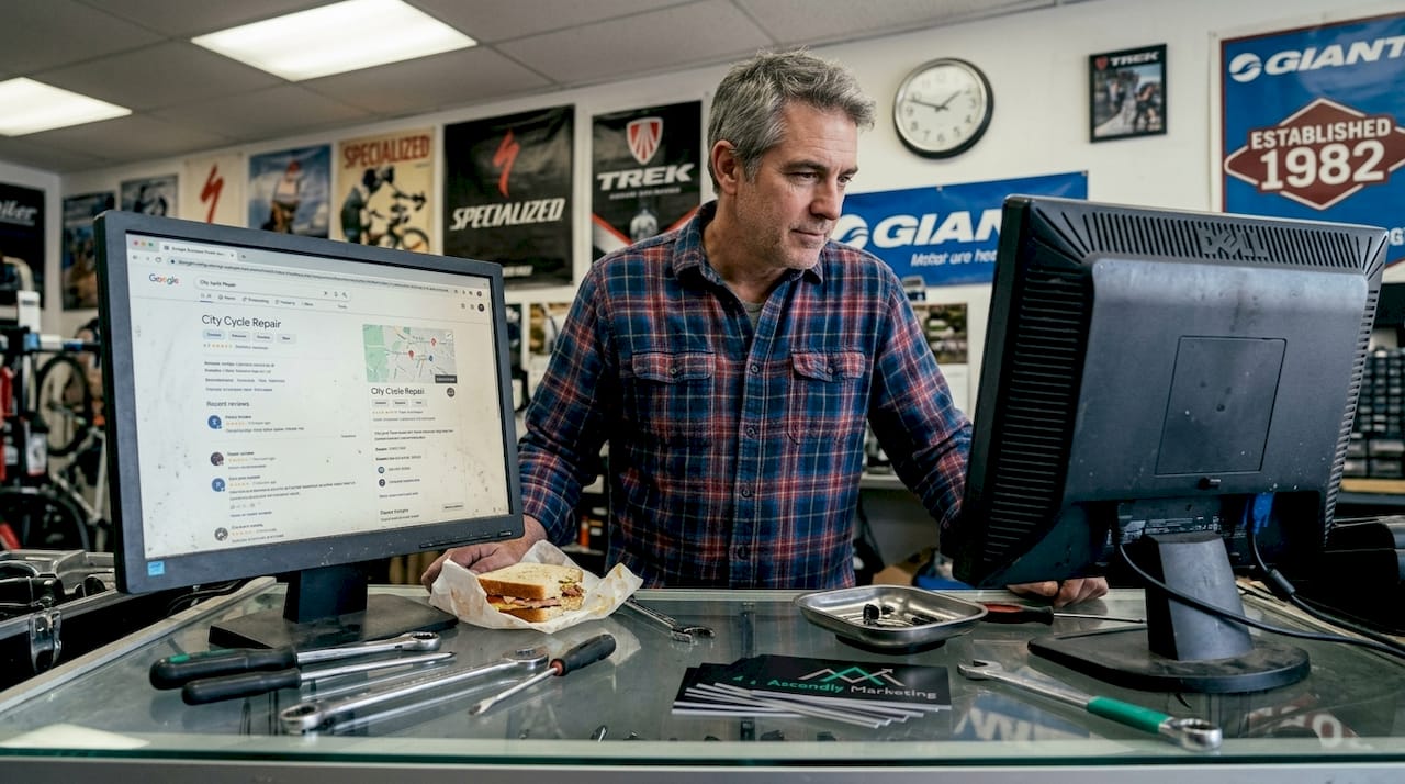 Shop owner viewing business profile on desktop
