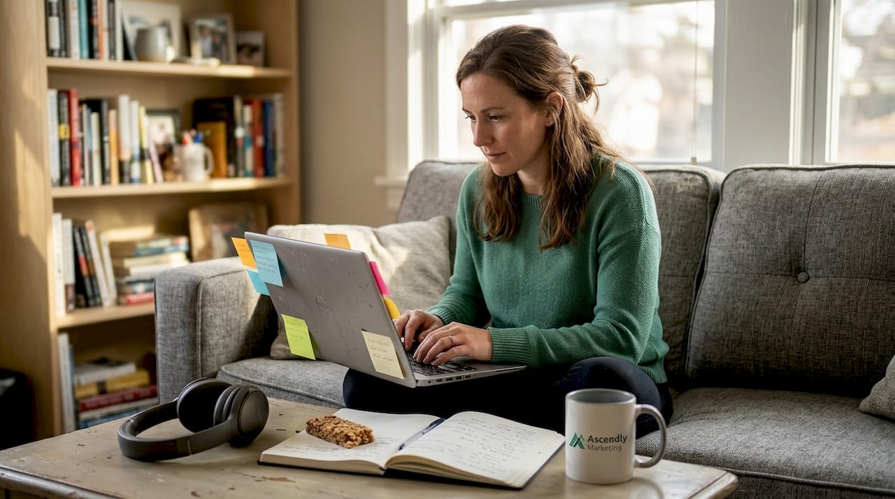 Woman writing blog post in home office
