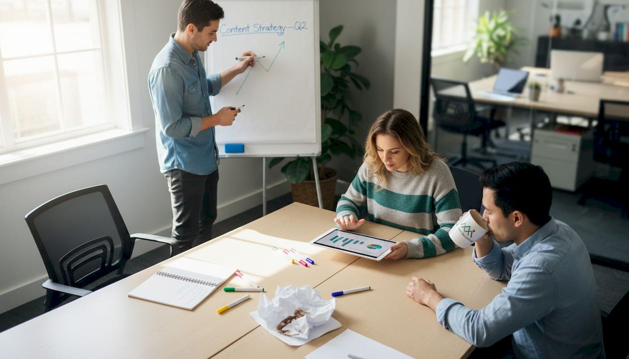 Small team planning with whiteboard and tech