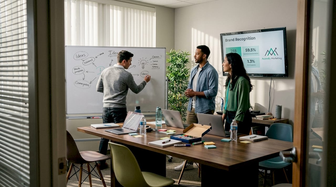 Team collaborates on brand strategy in office