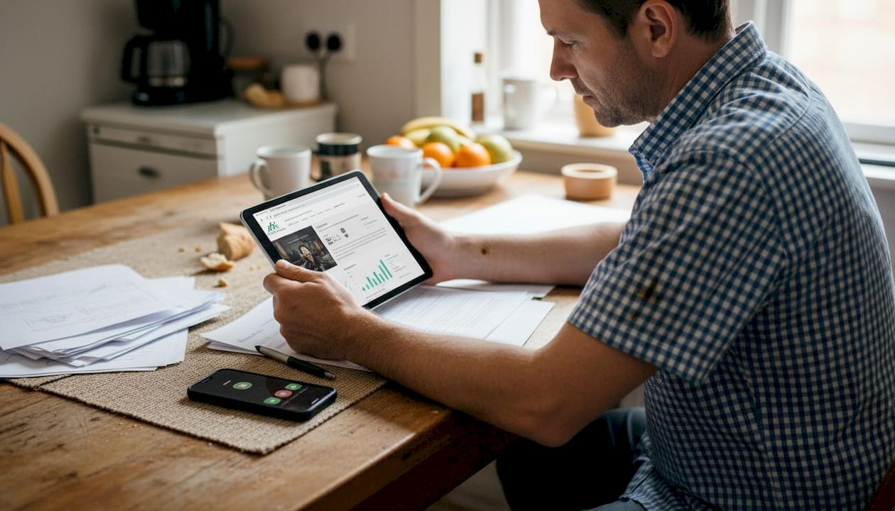 Man reviewing website essentials at kitchen workspace