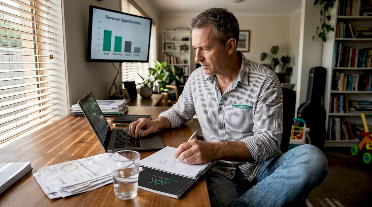 Business owner reviewing spreadsheet in home office