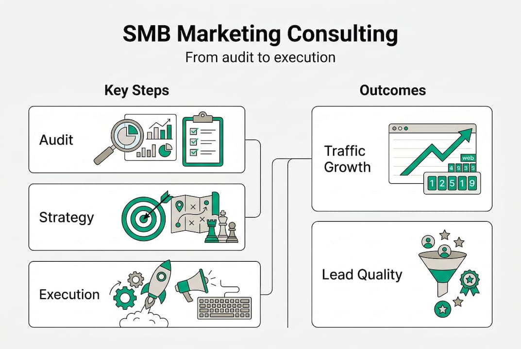 Infographic showing smb marketing consulting steps and outcomes