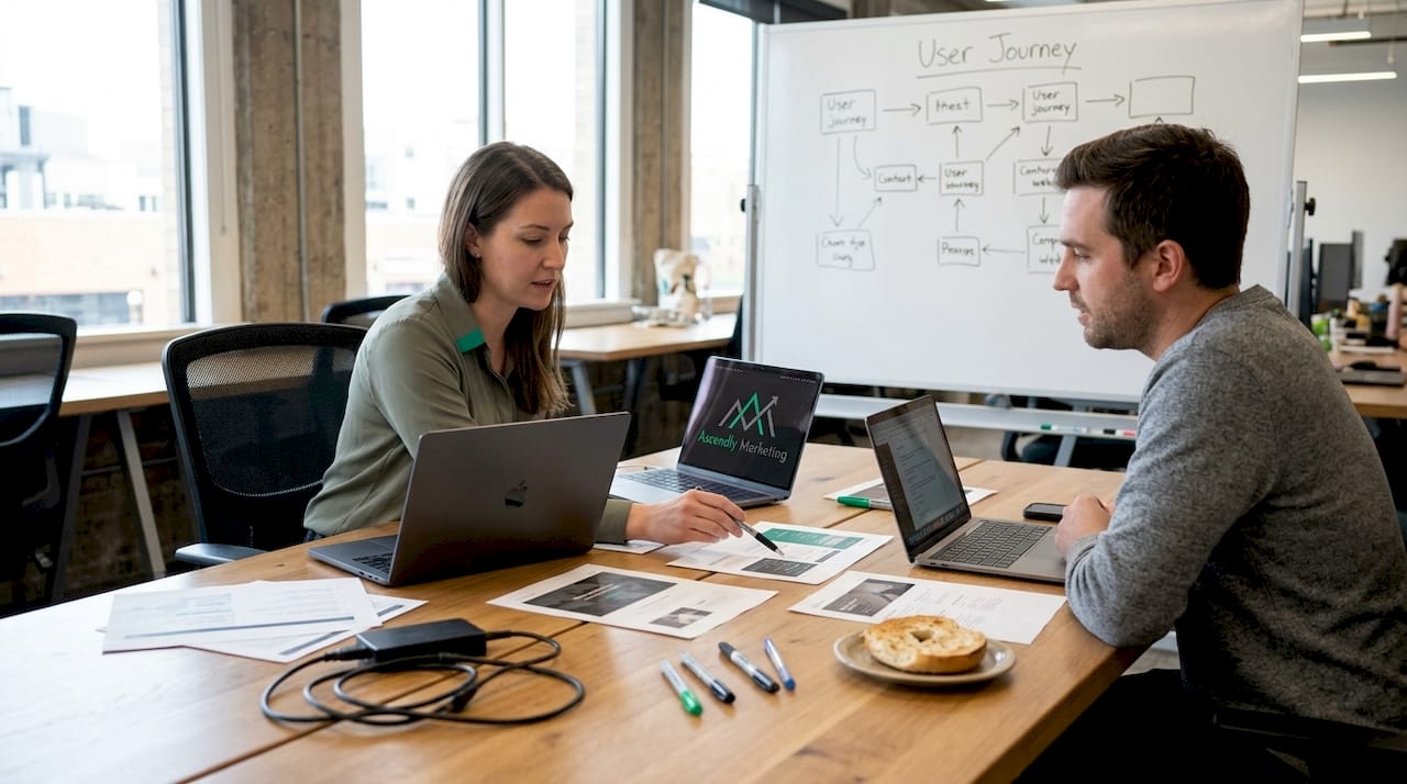 Team reviewing website mockups together