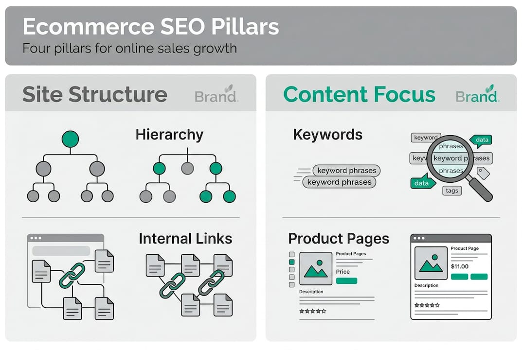 Infographic showing four ecommerce seo pillars