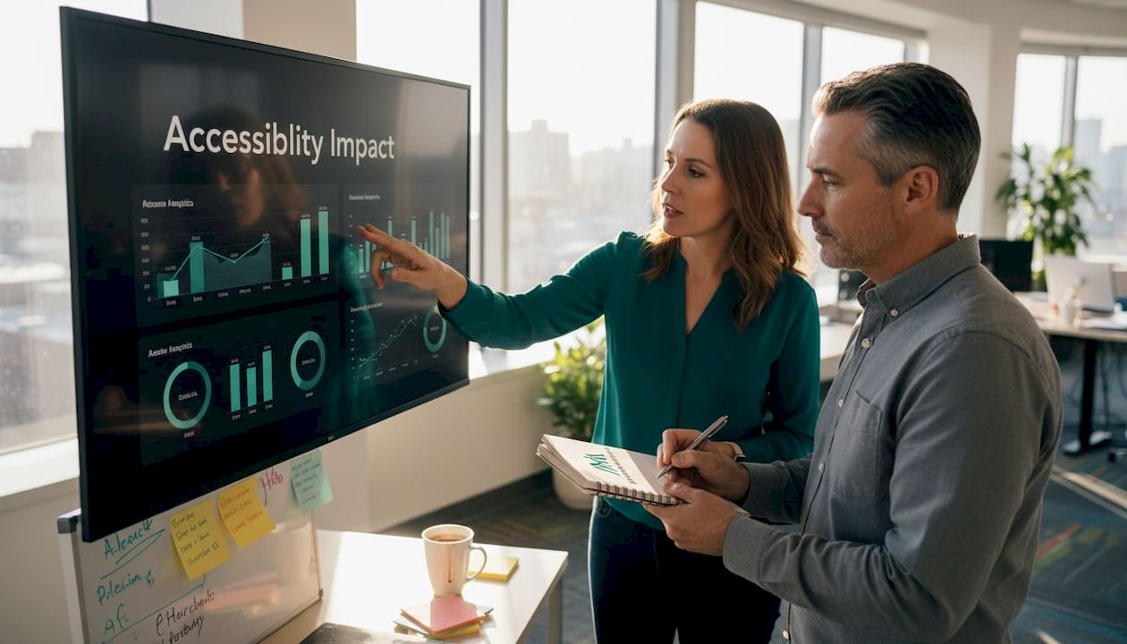 Coworkers discussing accessibility impact metrics