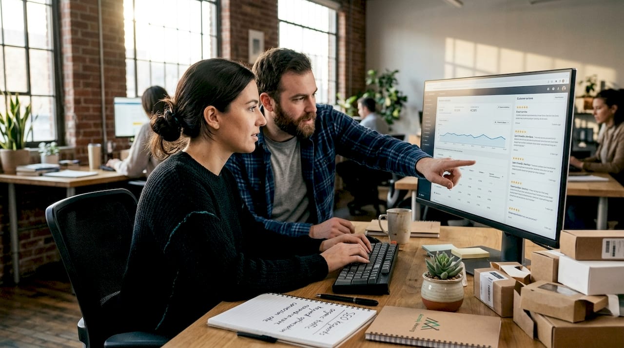 Team collaboratively updating website with reviews