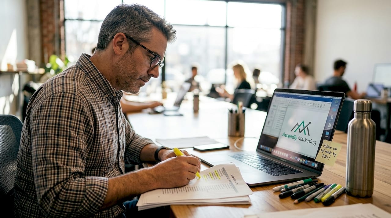 Marketer reviewing email list at office table