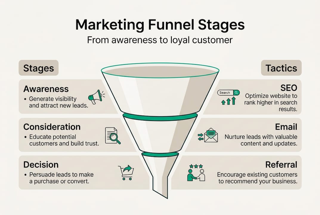 Infographic on marketing funnel stages and tactics