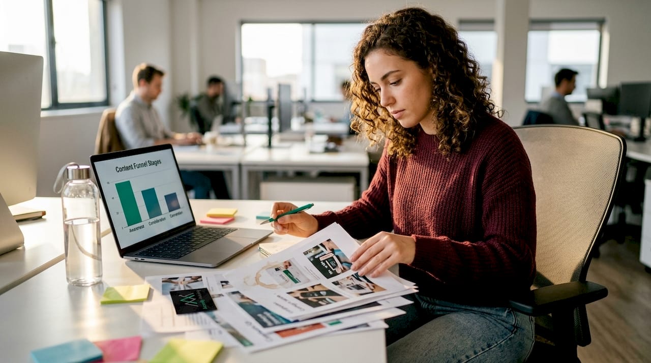 Manager reviewing content funnel examples