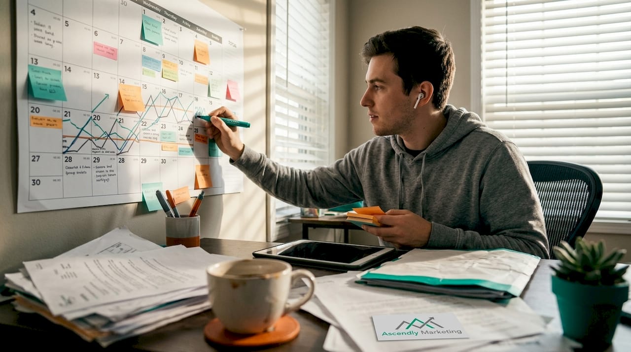 Man updates content calendar in home office