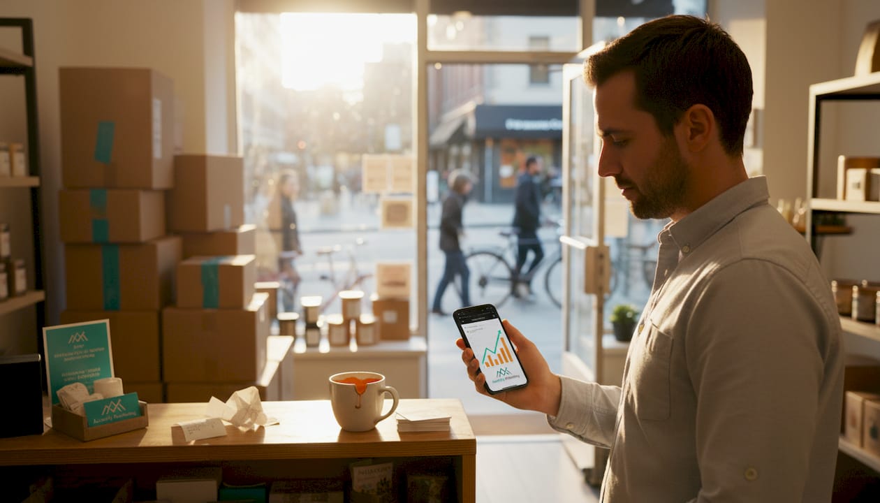 Retail manager checks mobile analytics in shop