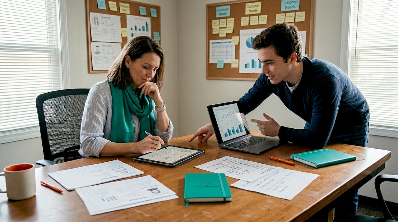 Marketers reviewing persona worksheets together
