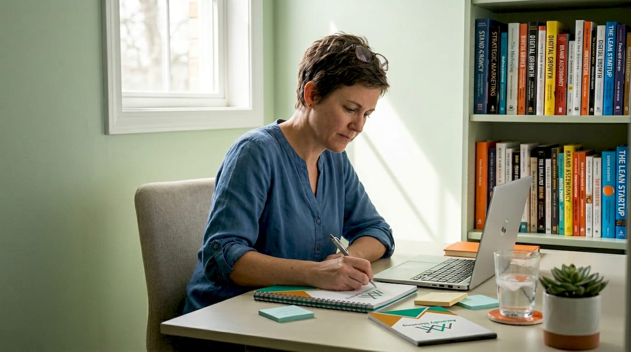 Woman writing structured marketing plan at desk