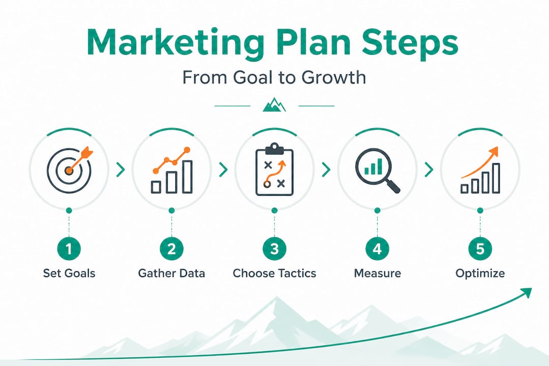Infographic showing five steps of a marketing plan process