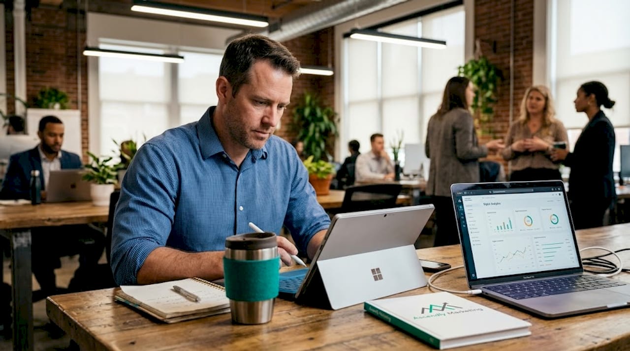 Man reviewing digital marketing workflow in coworking space