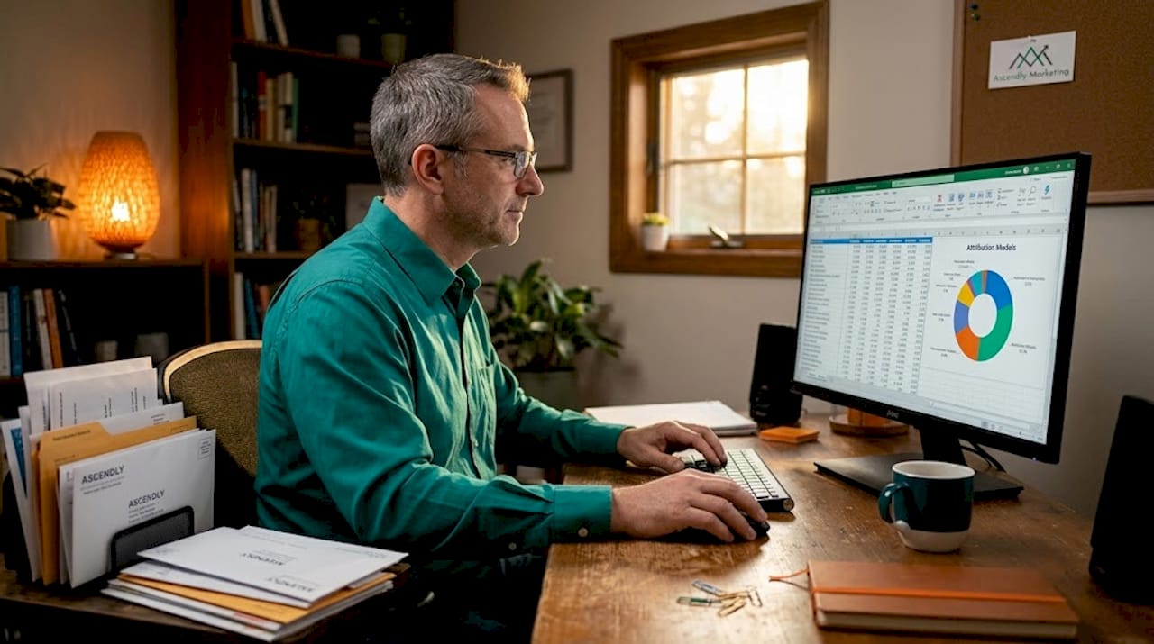 Business owner checks charts at home desk