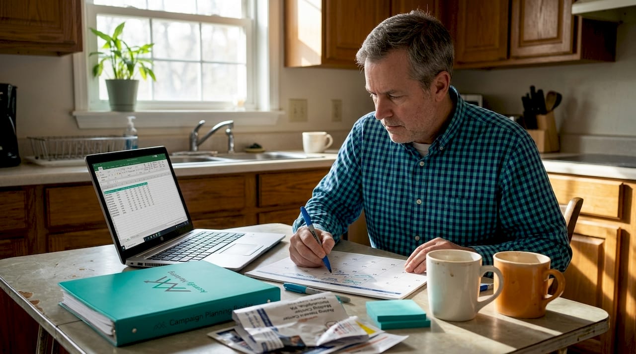 Business owner planning marketing campaign at kitchen table