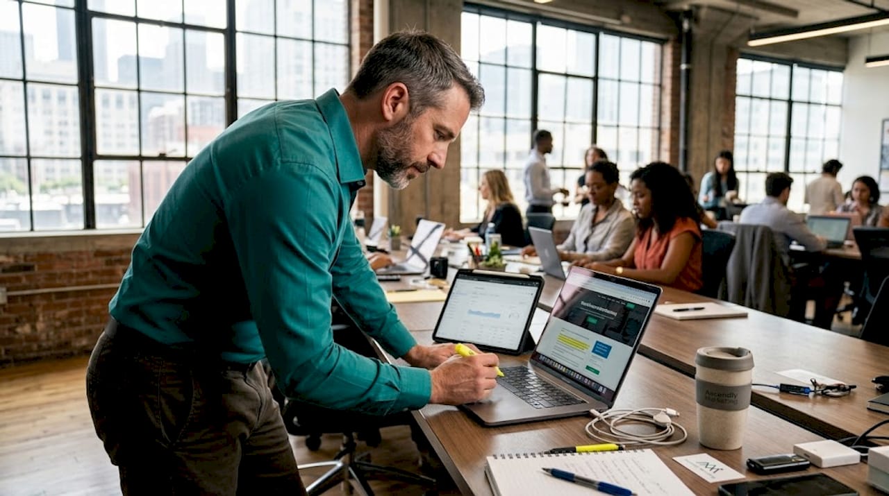 Seo writer reviewing content at coworking desk