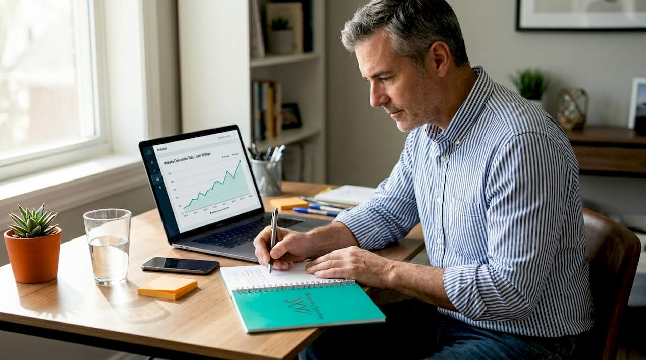 Business owner reviewing website conversions