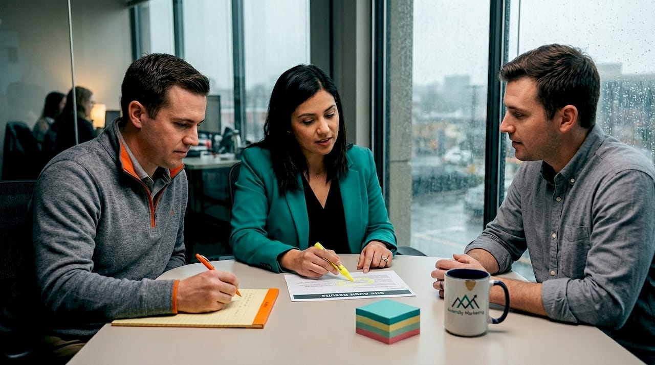 Team examining technical seo site audit
