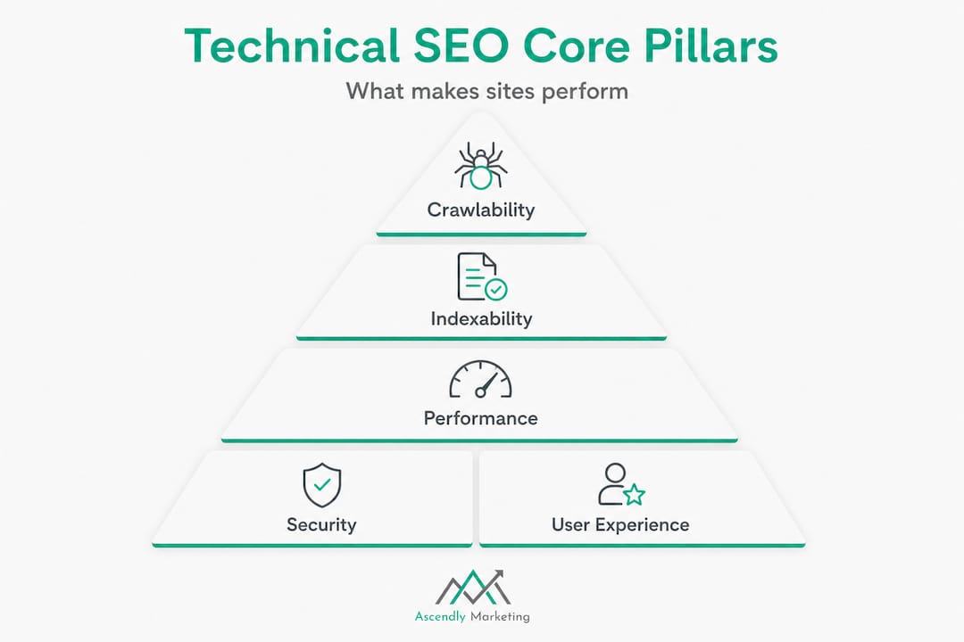 Hierarchy infographic with technical seo pillars
