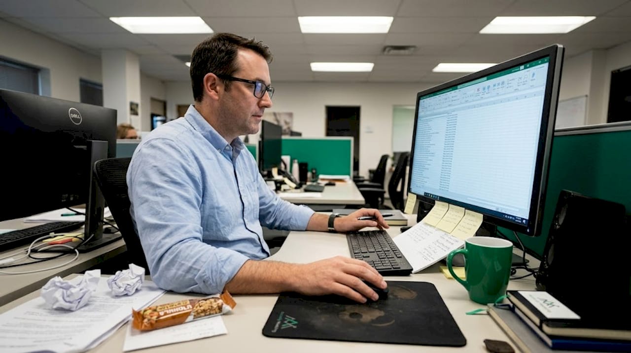 Man reviewing website page titles in workspace