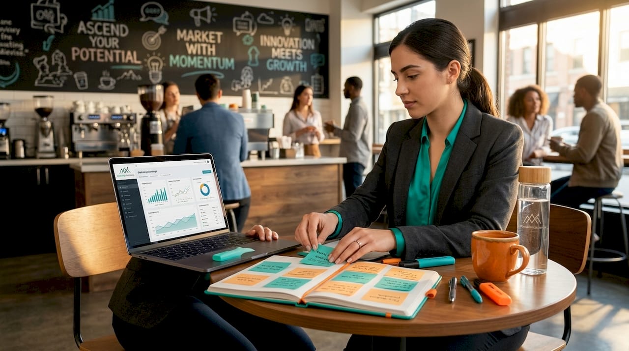 Marketing manager plans digital campaigns at desk